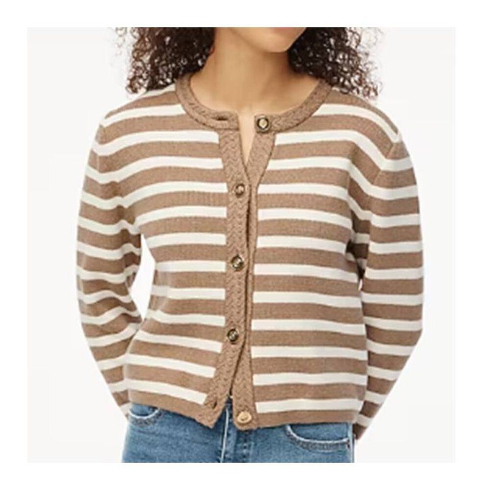 J Crew Plus Size Striped Cotton Lady Jacket Cardigan Sweater Beige 2XL $138